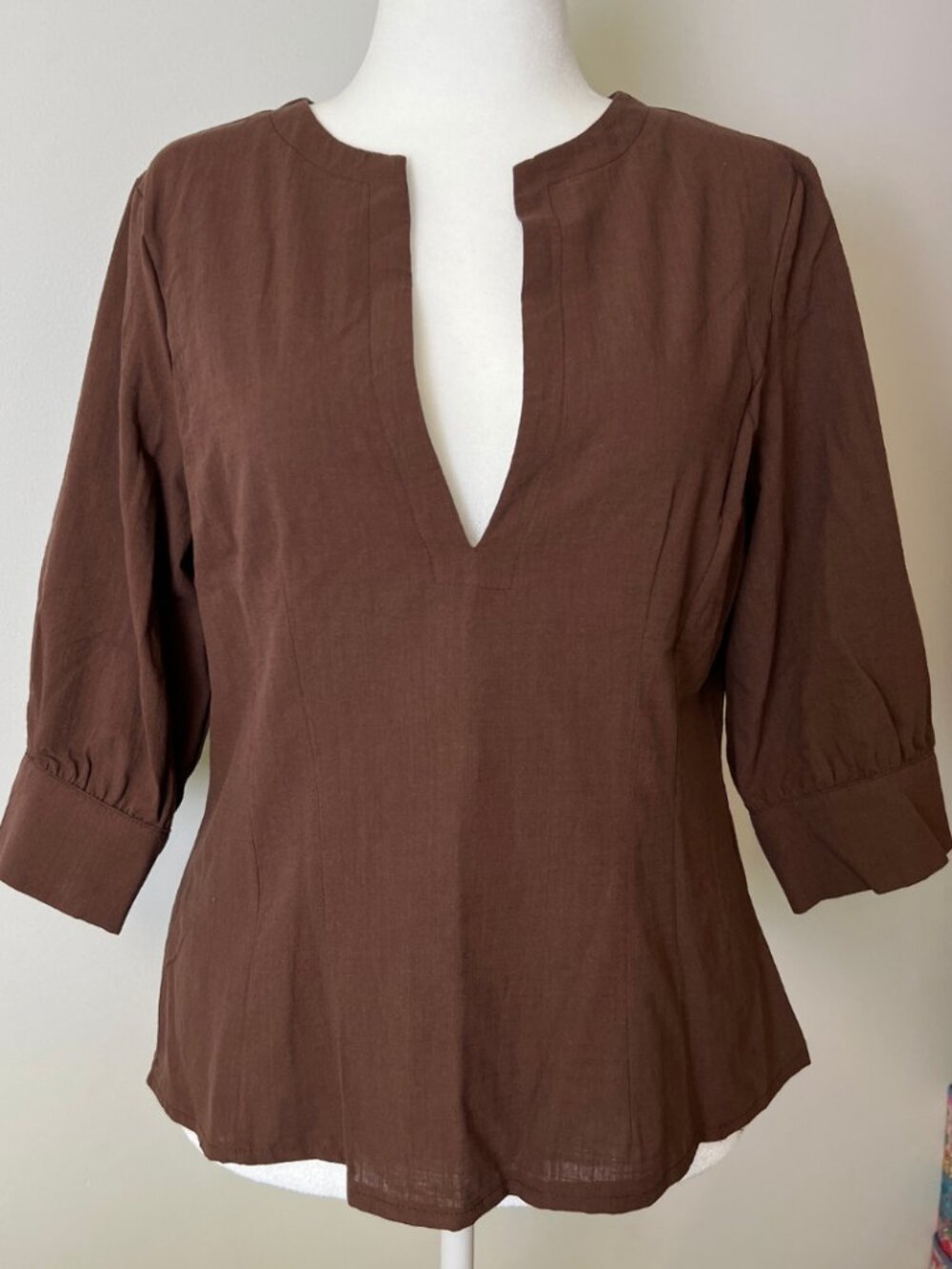 Chocolate Brown Peplum Blouse | Deep V Neck | 3/4 Sleeve | NWOT | XL